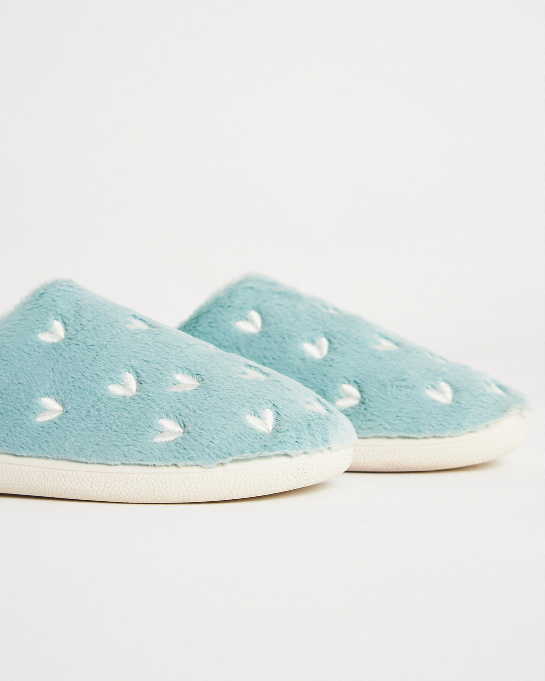 Mint Mavisi  Beyaz Kalp Desenli Kadın Ev İçi Ayakkabı