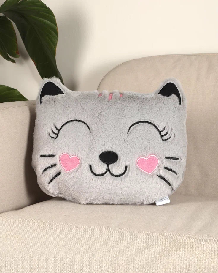 Gülen Kedi Figürlü Gri Peluş Kırlent
