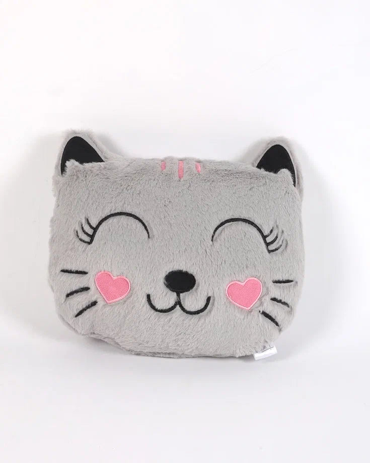 Gülen Kedi Figürlü Gri Peluş Kırlent