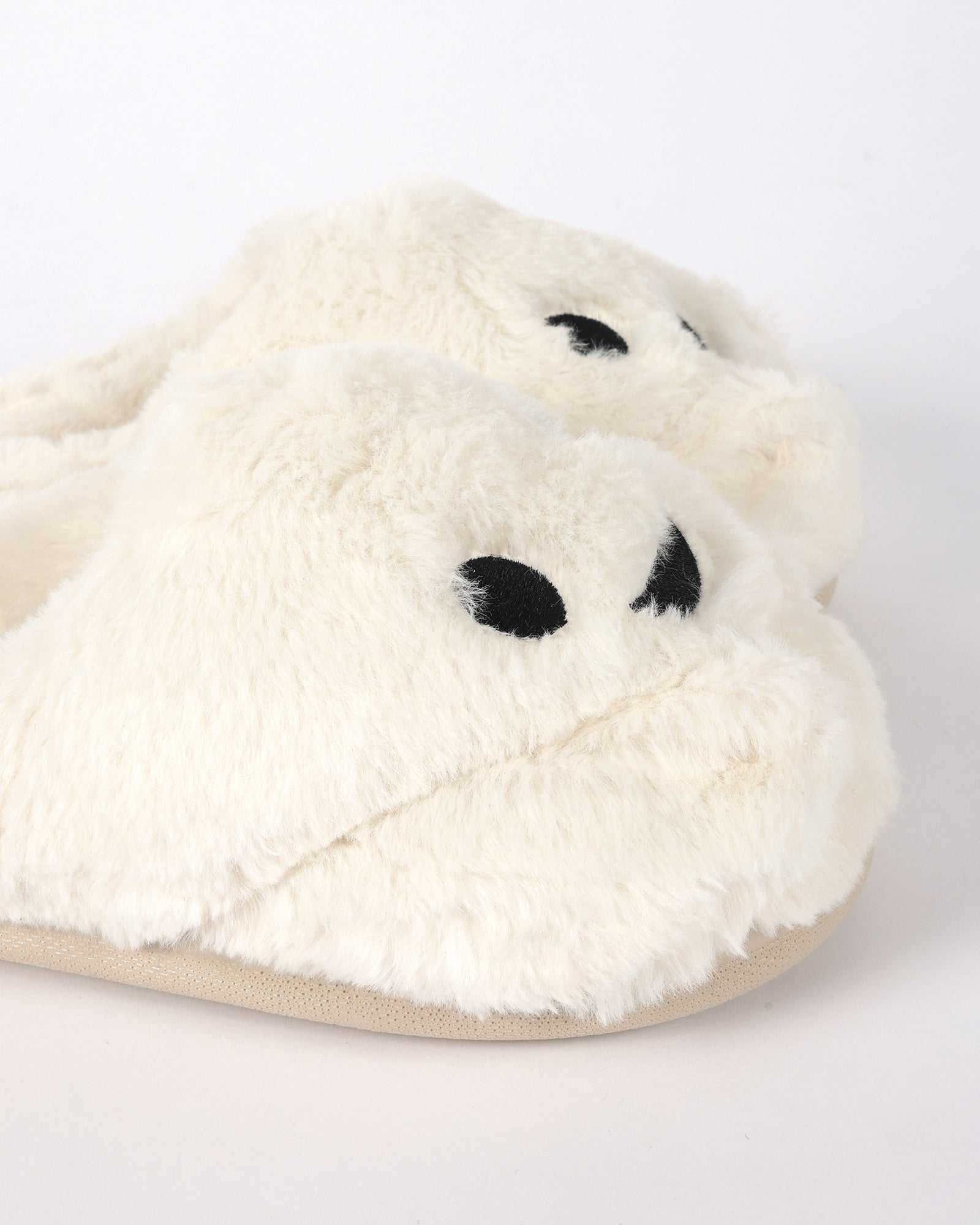 Kadın Halloween Temalı Gülümseyen Yüz Desenli  Beyaz Pelüş Kadın Ev İçi Ayakkabı