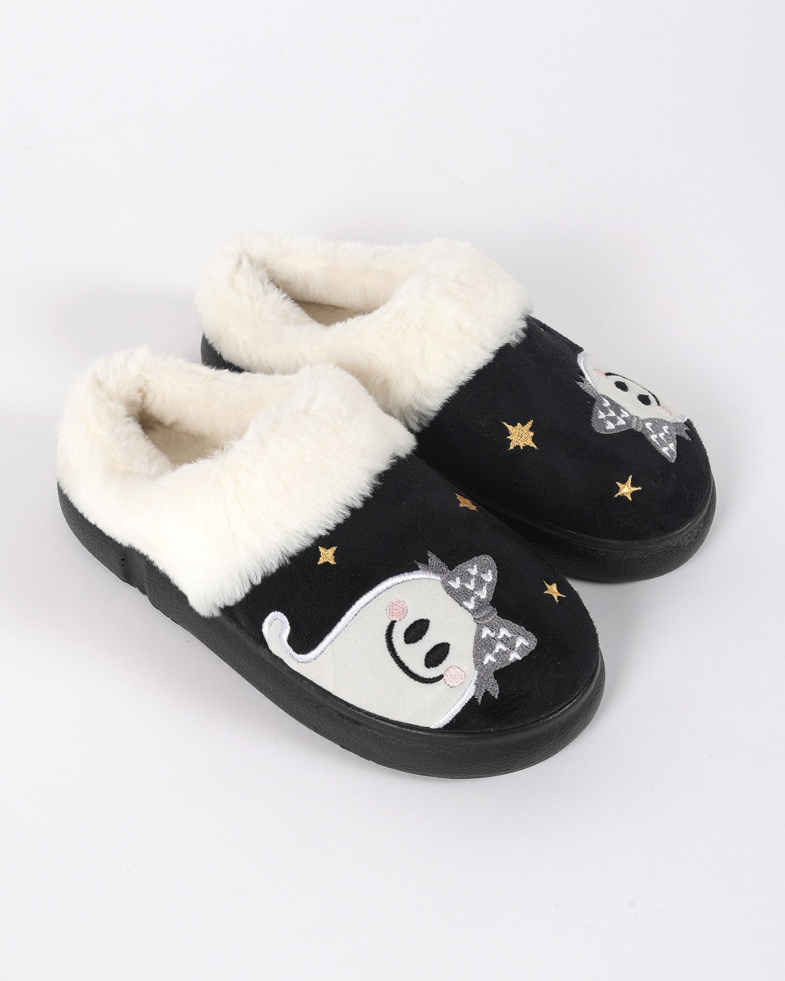 Kadın Halloween Temalı Sevimli Hayalet Desenli Siyah Pelüş Ev İçi Ayakkabı