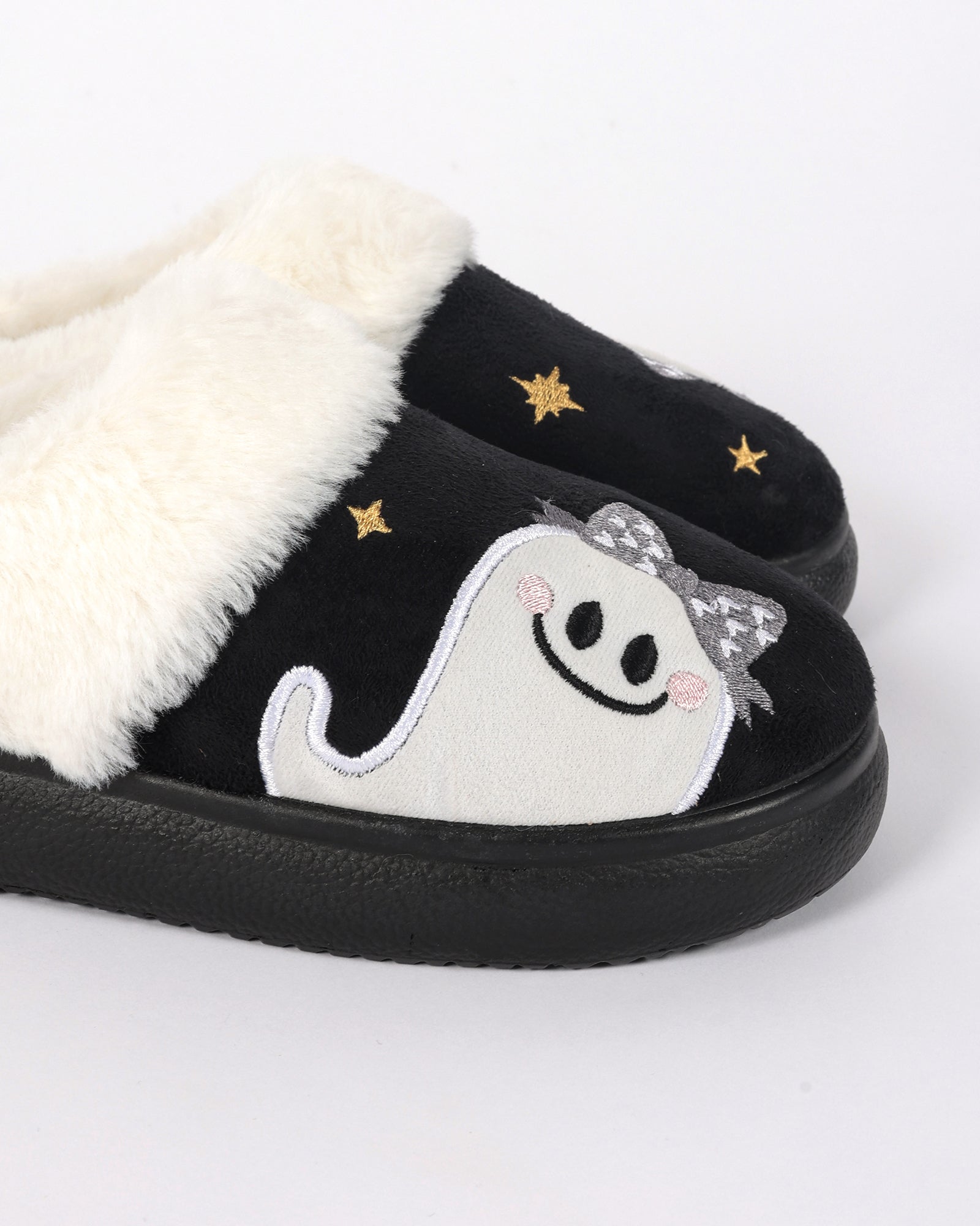 Kadın Halloween Temalı Sevimli Hayalet Desenli Siyah Pelüş Ev İçi Ayakkabı