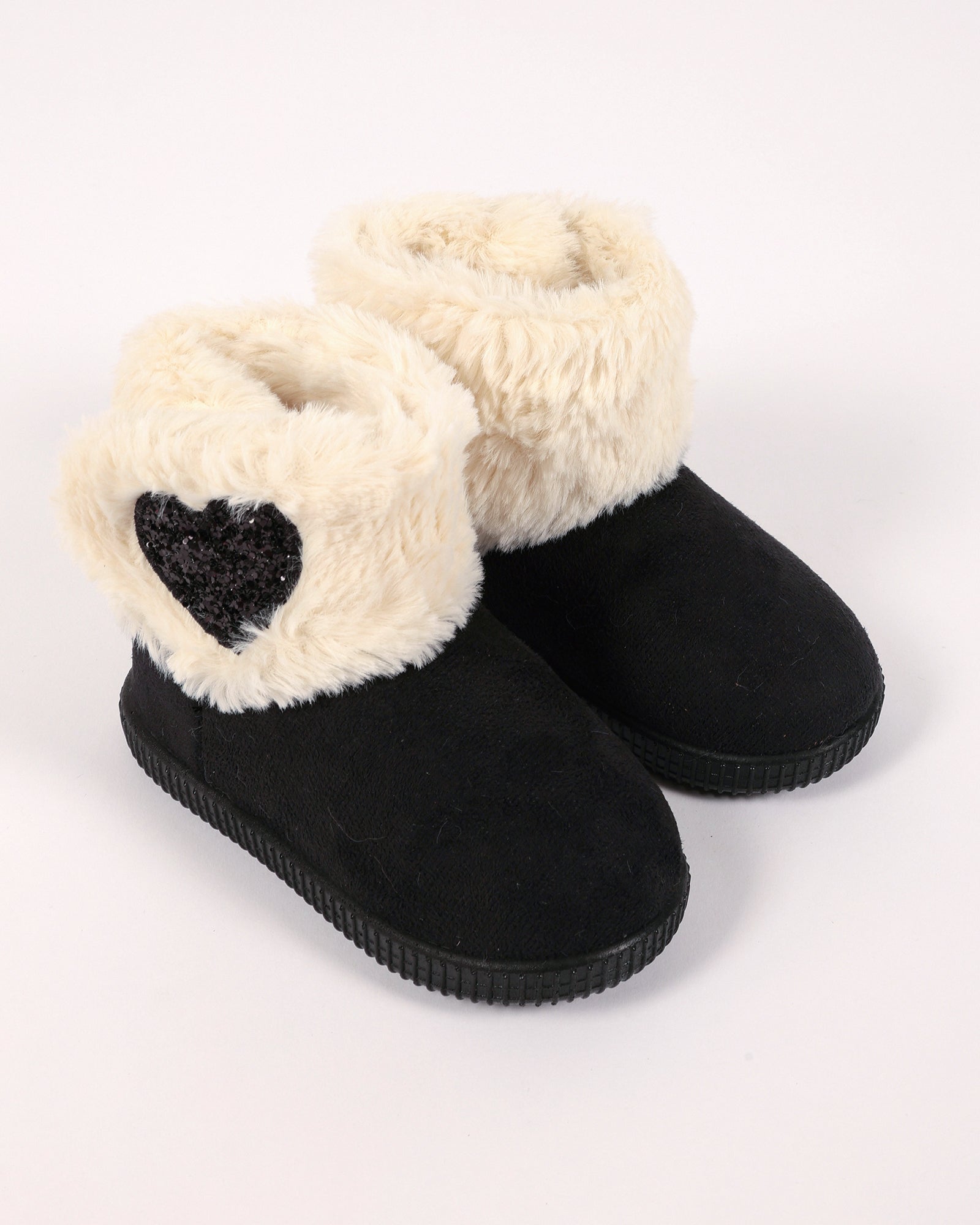 Bebek Ve Çocuk Siyah Süet Görünümlü Kalp Model  Detaylı Peluş Panduf