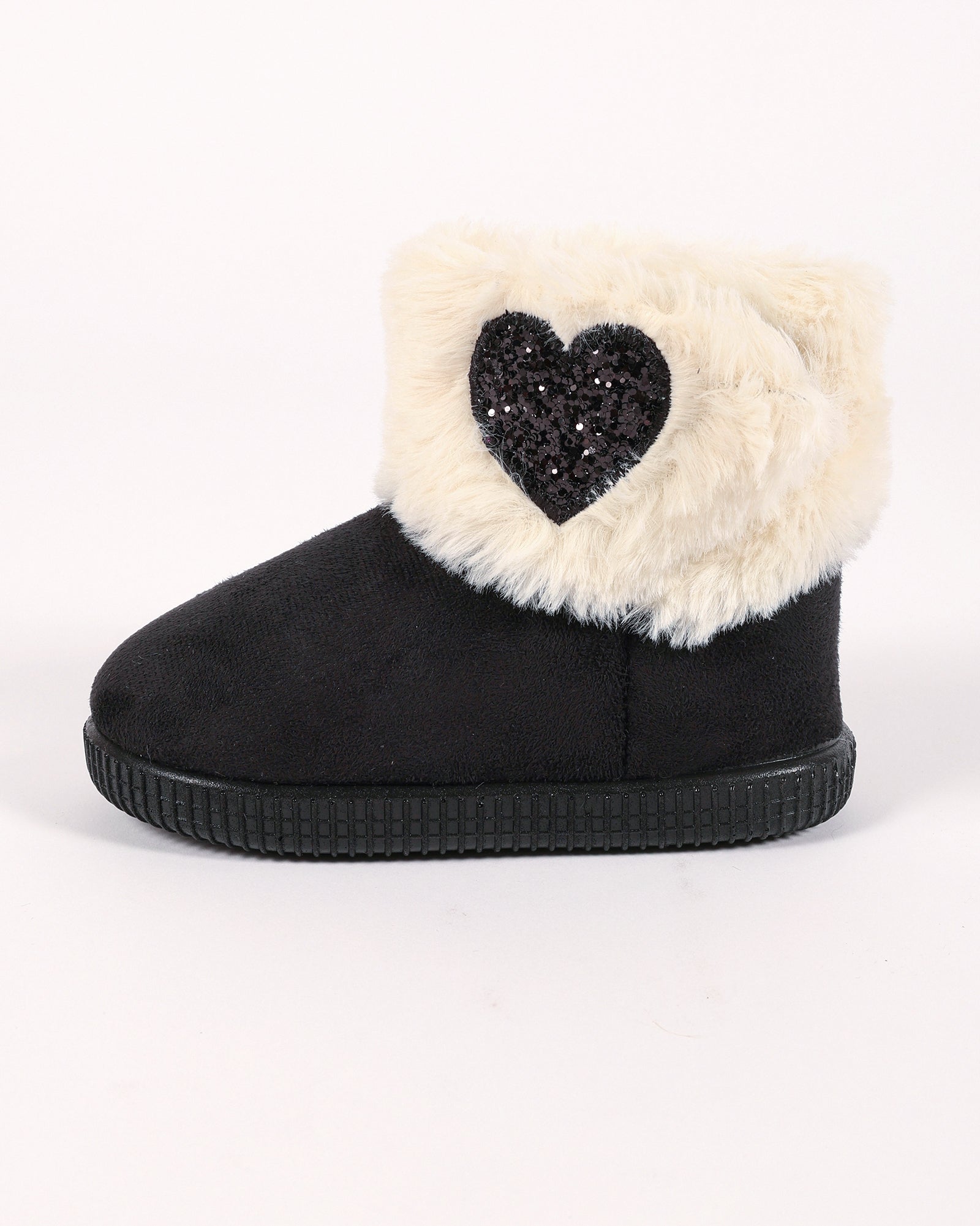 Bebek Ve Çocuk Siyah Süet Görünümlü Kalp Model  Detaylı Peluş Panduf