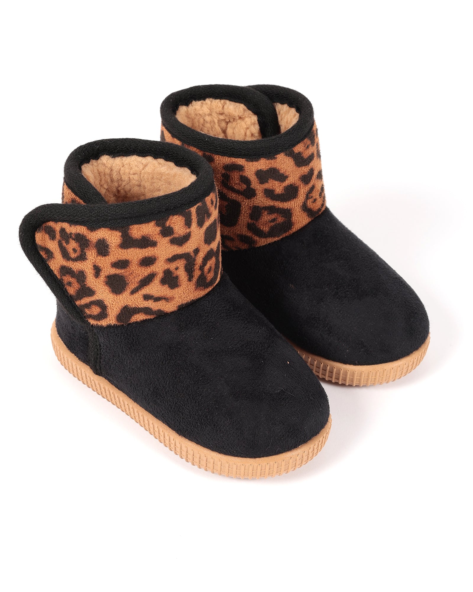 Bebek ve Çocuk Siyah Leopar Desenli Camel Taban Pelüş Ev Botu