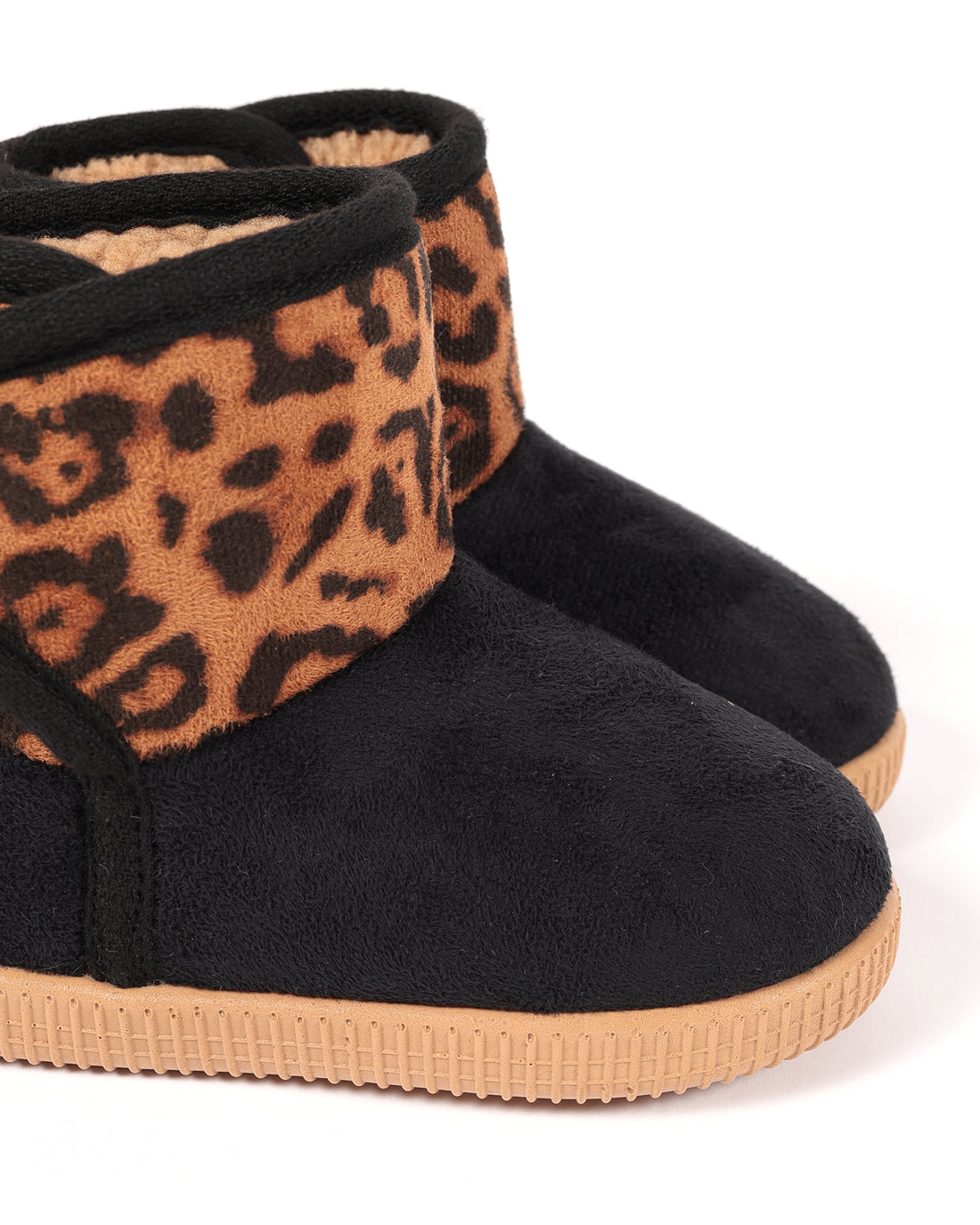 Bebek ve Çocuk Siyah Leopar Desenli Camel Taban Pelüş Ev Botu