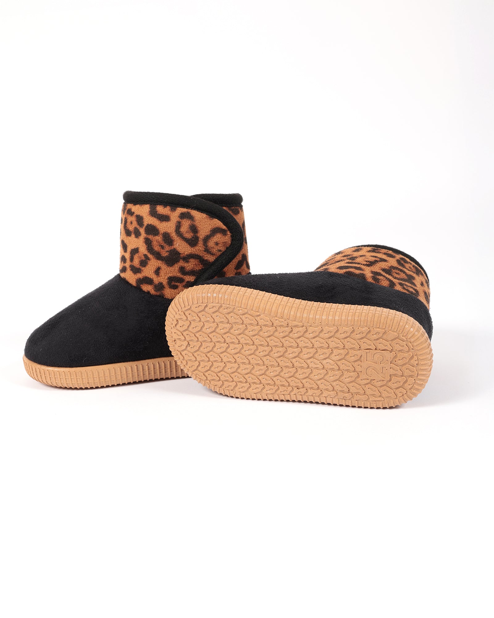 Bebek ve Çocuk Siyah Leopar Desenli Camel Taban Pelüş Ev Botu