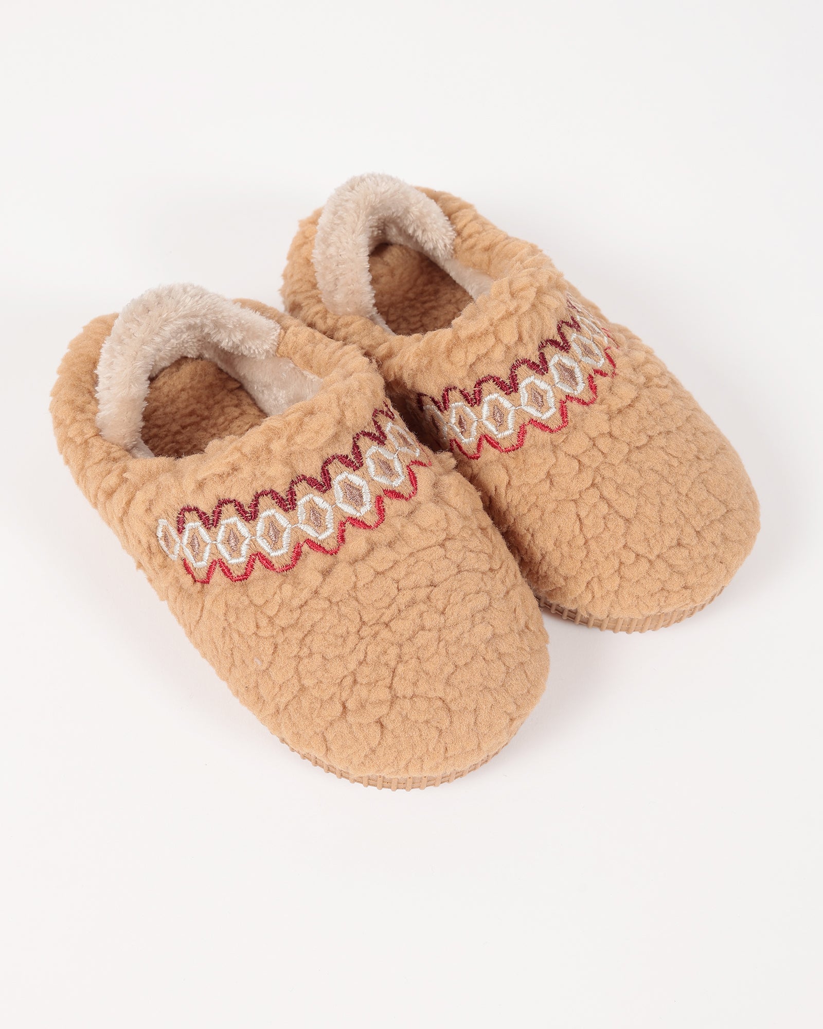 Bebek Ve Çocuk Kışlık Şerit Nakış Detaylı Camel Peluş Ev İçi Ayakkabı