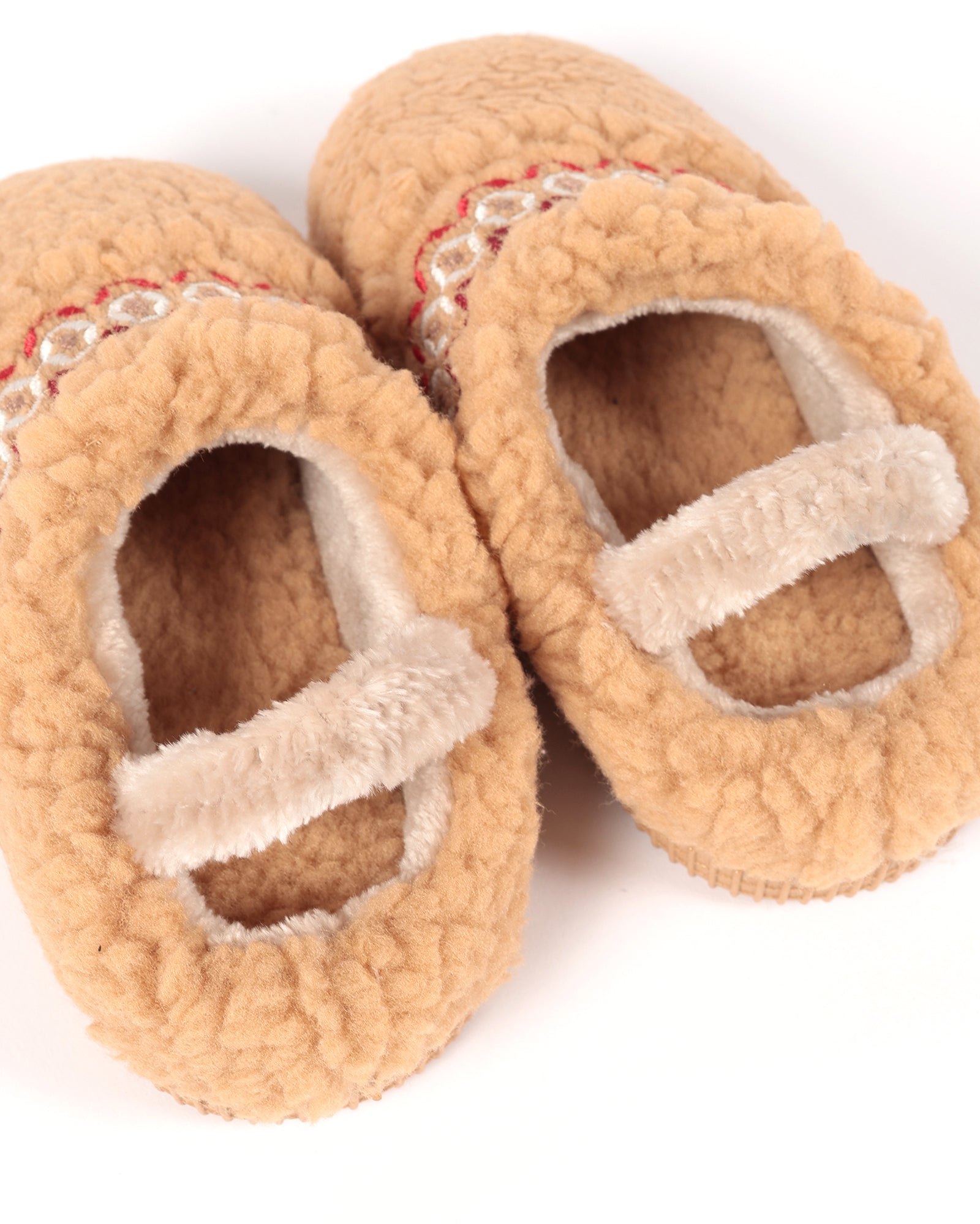 Bebek Ve Çocuk Kışlık Şerit Nakış Detaylı Camel Peluş Ev İçi Ayakkabı