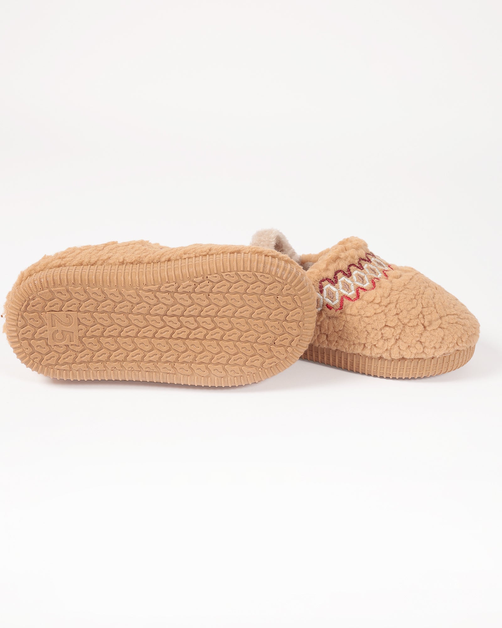 Bebek Ve Çocuk Kışlık Şerit Nakış Detaylı Camel Peluş Ev İçi Ayakkabı