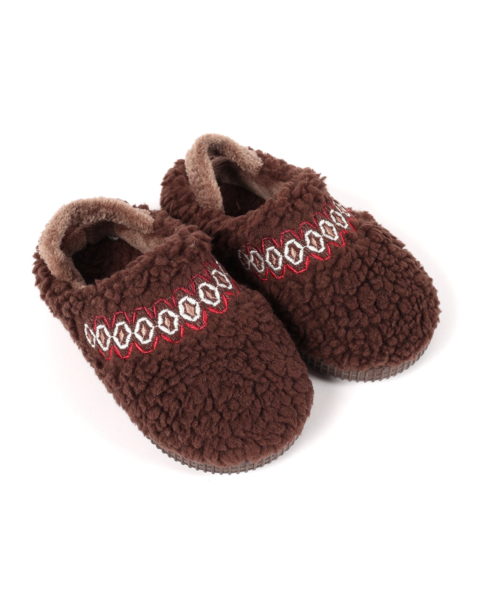 Bebek Ve Çocuk Kışlık Şerit Nakış Detaylı Kahverengi Peluş Ev İçi Ayakkabı