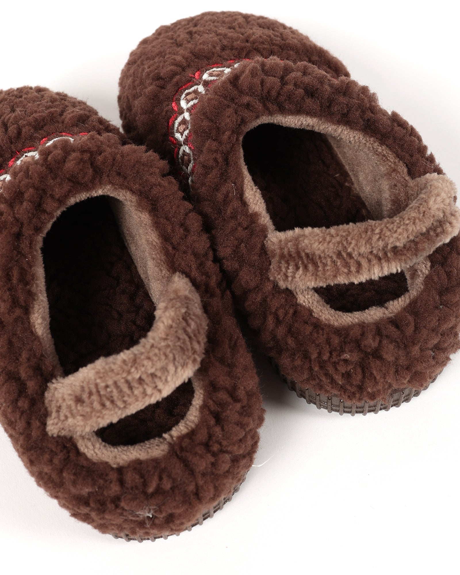 Bebek Ve Çocuk Kışlık Şerit Nakış Detaylı Kahverengi Peluş Ev İçi Ayakkabı
