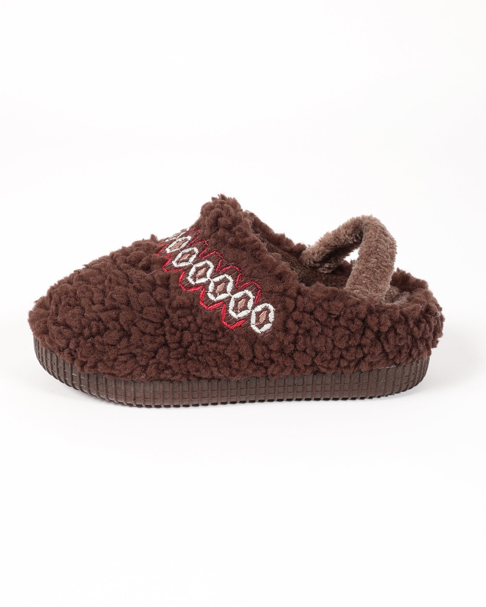 Bebek Ve Çocuk Kışlık Şerit Nakış Detaylı Kahverengi Peluş Ev İçi Ayakkabı