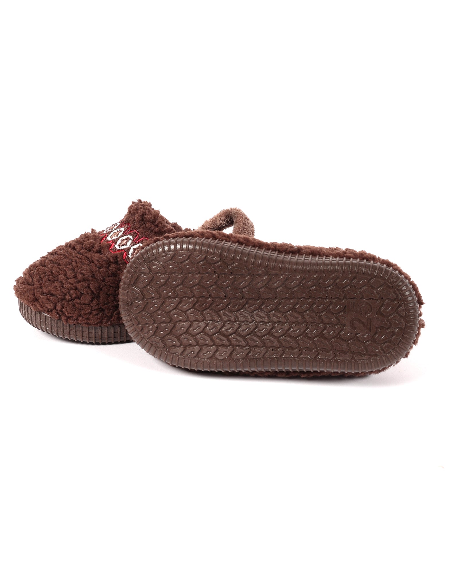 Bebek Ve Çocuk Kışlık Şerit Nakış Detaylı Kahverengi Peluş Ev İçi Ayakkabı