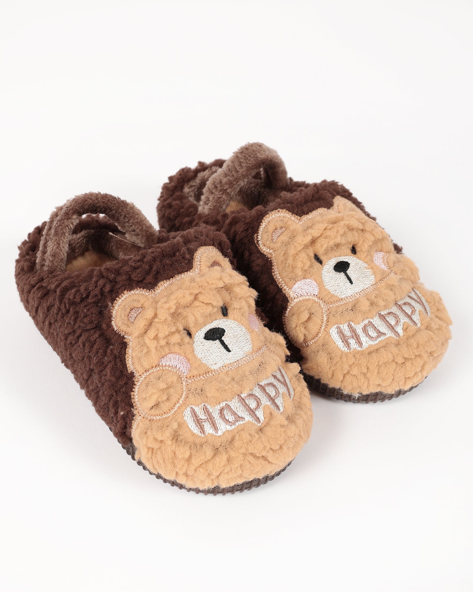 Bebek Ve Çocuk Kışlık Ayıcık Ve Happy Desen Detaylı Kahverengi Peluş Ev İçi Ayakkabı