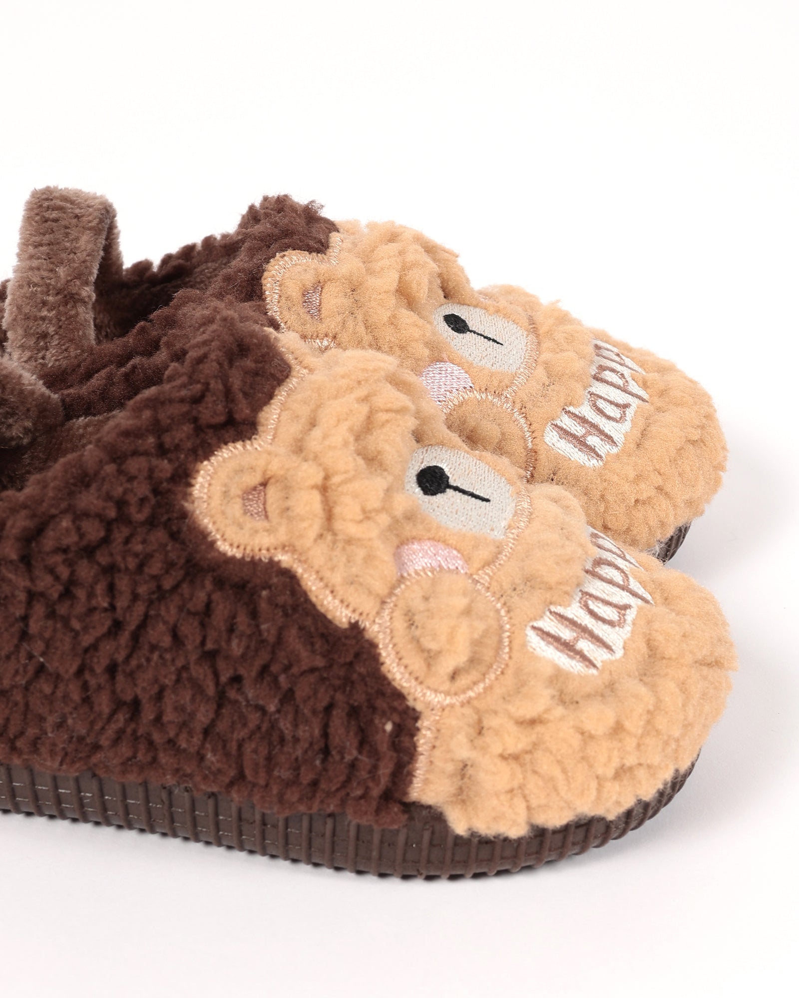 Bebek Ve Çocuk Kışlık Ayıcık Ve Happy Desen Detaylı Kahverengi Peluş Ev İçi Ayakkabı