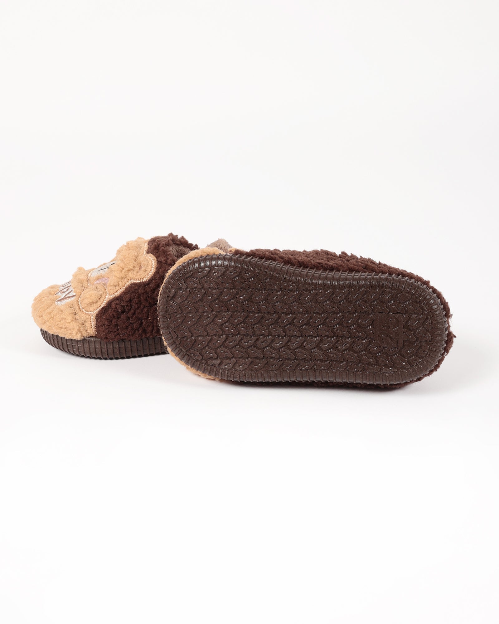 Bebek Ve Çocuk Kışlık Ayıcık Ve Happy Desen Detaylı Kahverengi Peluş Ev İçi Ayakkabı