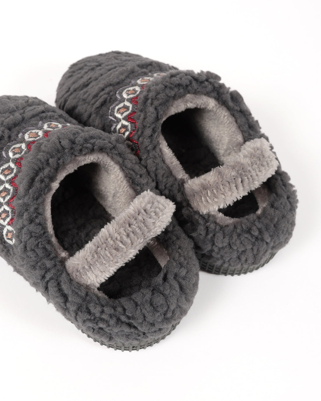 Bebek Ve Çocuk Kışlık Şerit Nakış Detaylı Antrasit Peluş Ev İçi Ayakkabı