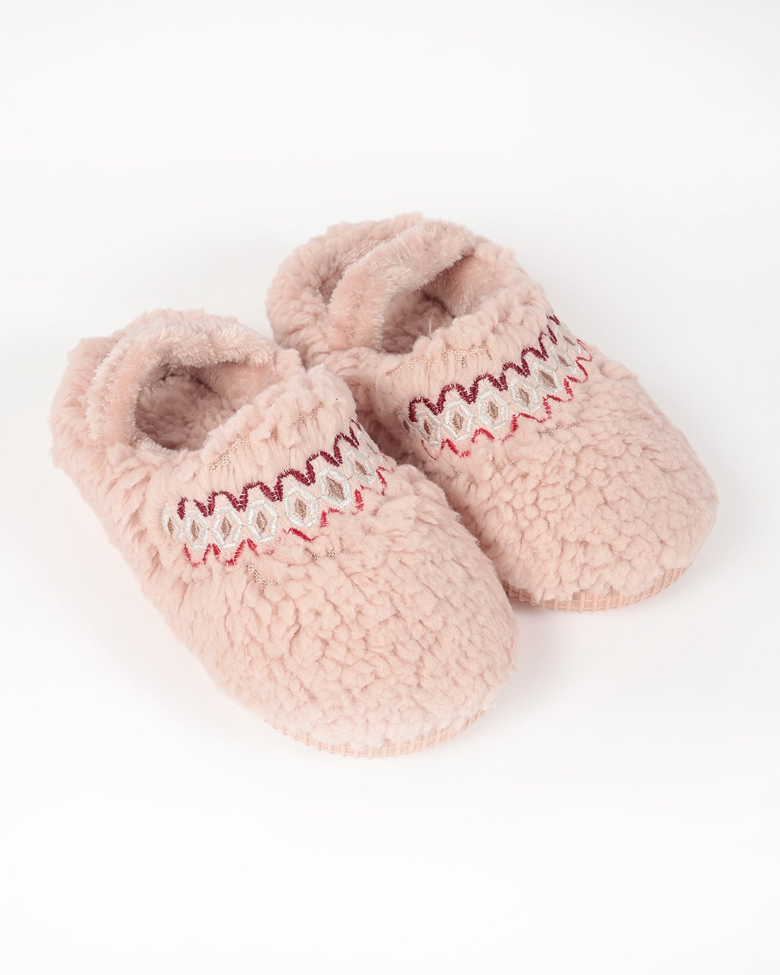 Bebek Ve Çocuk Kışlık Şerit Nakış Detaylı Pembe Peluş Ev İçi Ayakkabı