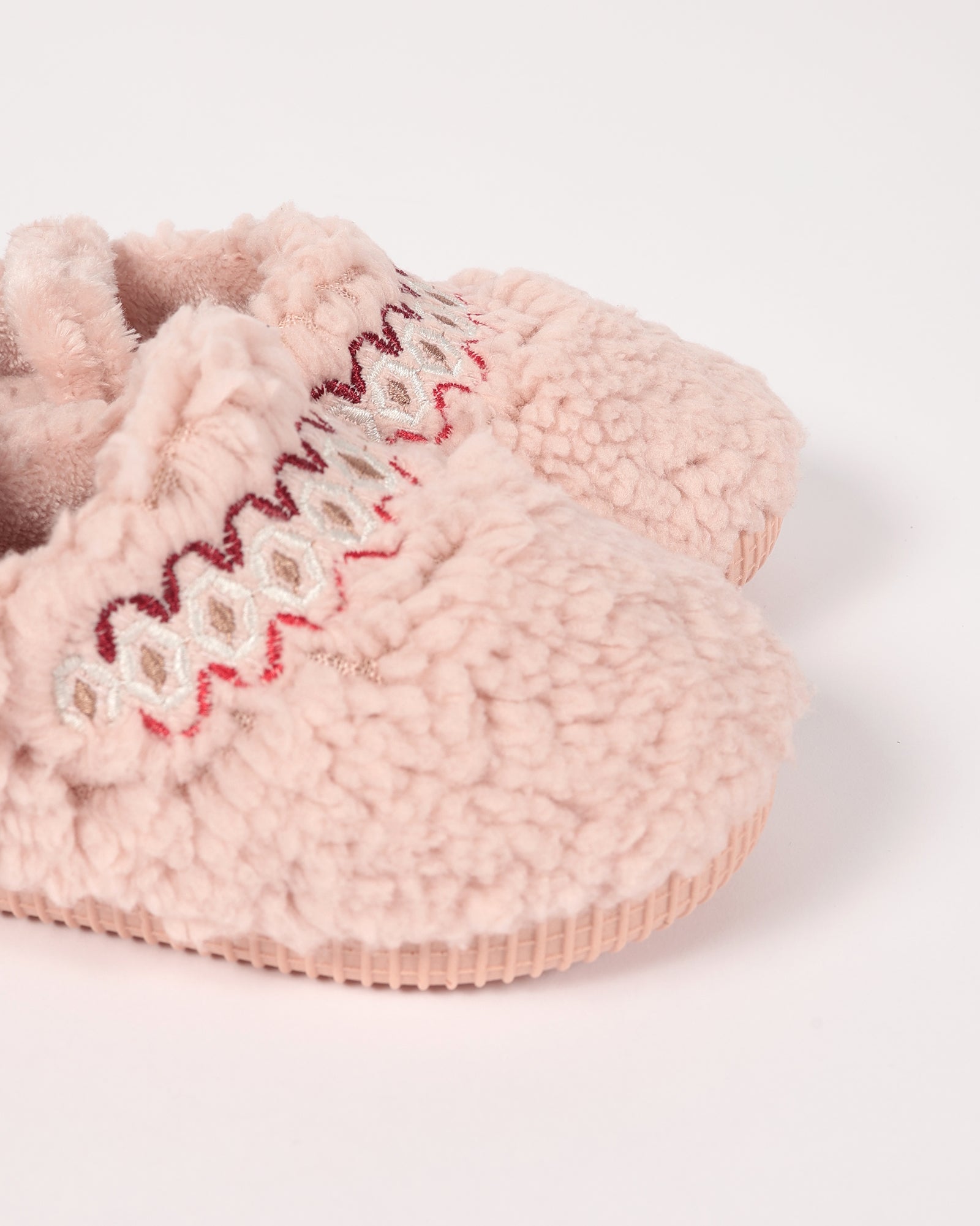 Bebek Ve Çocuk Kışlık Şerit Nakış Detaylı Pembe Peluş Ev İçi Ayakkabı