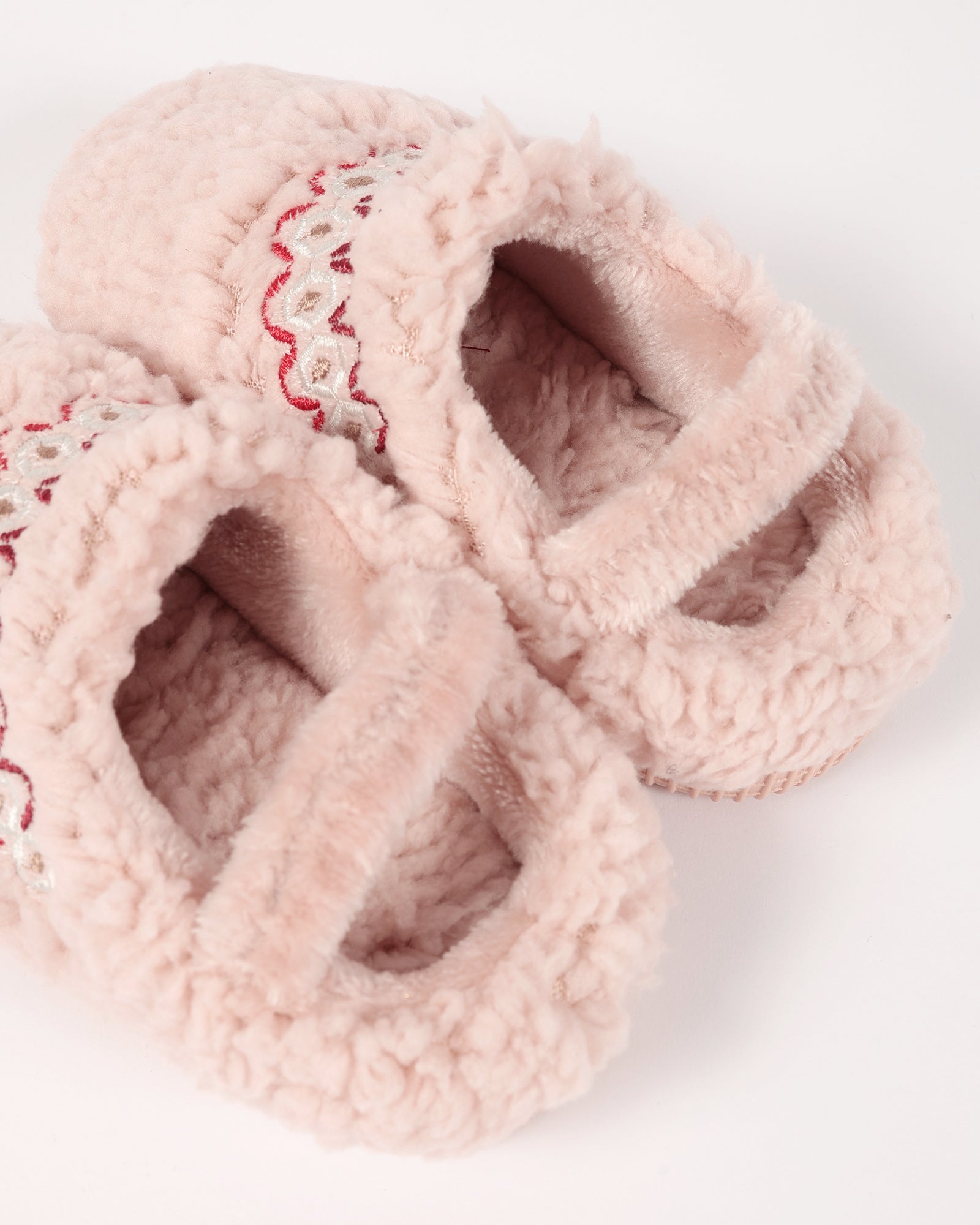 Bebek Ve Çocuk Kışlık Şerit Nakış Detaylı Pembe Peluş Ev İçi Ayakkabı