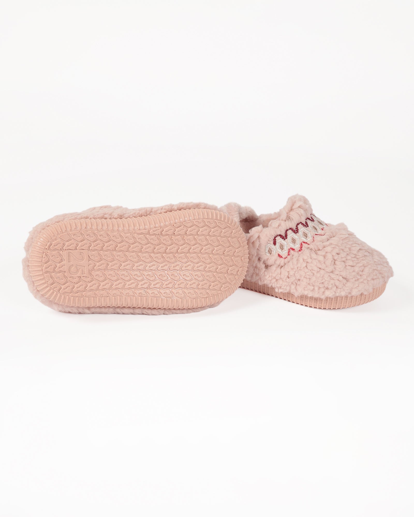 Bebek Ve Çocuk Kışlık Şerit Nakış Detaylı Pembe Peluş Ev İçi Ayakkabı