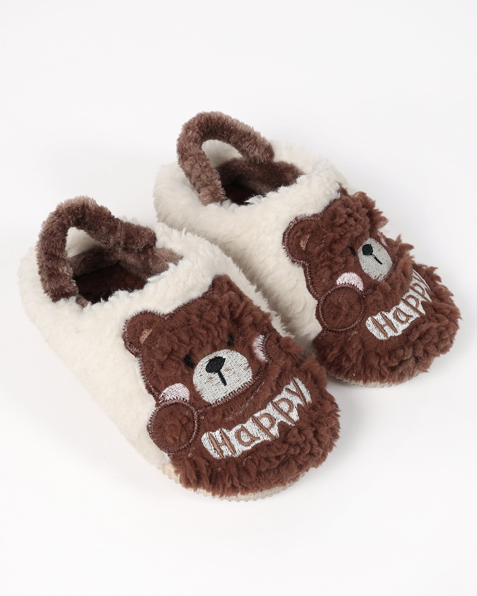 Bebek Ve Çocuk Kışlık Ayıcık Ve Happy Desen Detaylı Krem Peluş Ev İçi Ayakkabı
