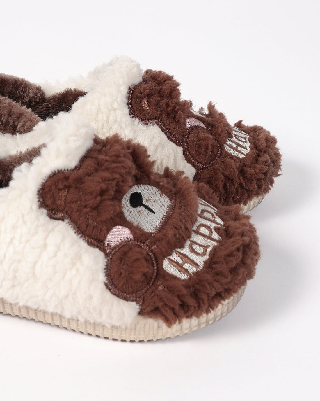 Bebek Ve Çocuk Kışlık Ayıcık Ve Happy Desen Detaylı Krem Peluş Ev İçi Ayakkabı