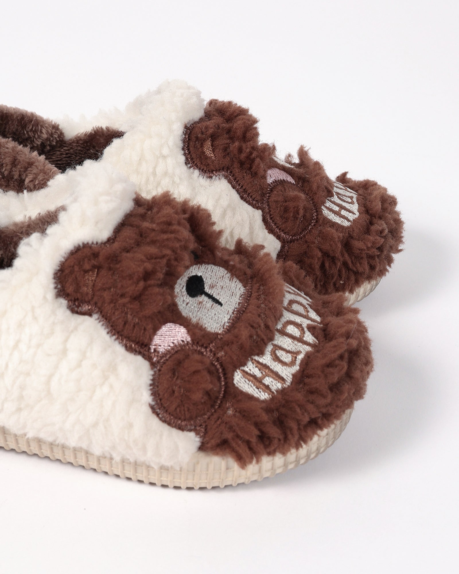 Bebek Ve Çocuk Kışlık Ayıcık Ve Happy Desen Detaylı Krem Peluş Ev İçi Ayakkabı