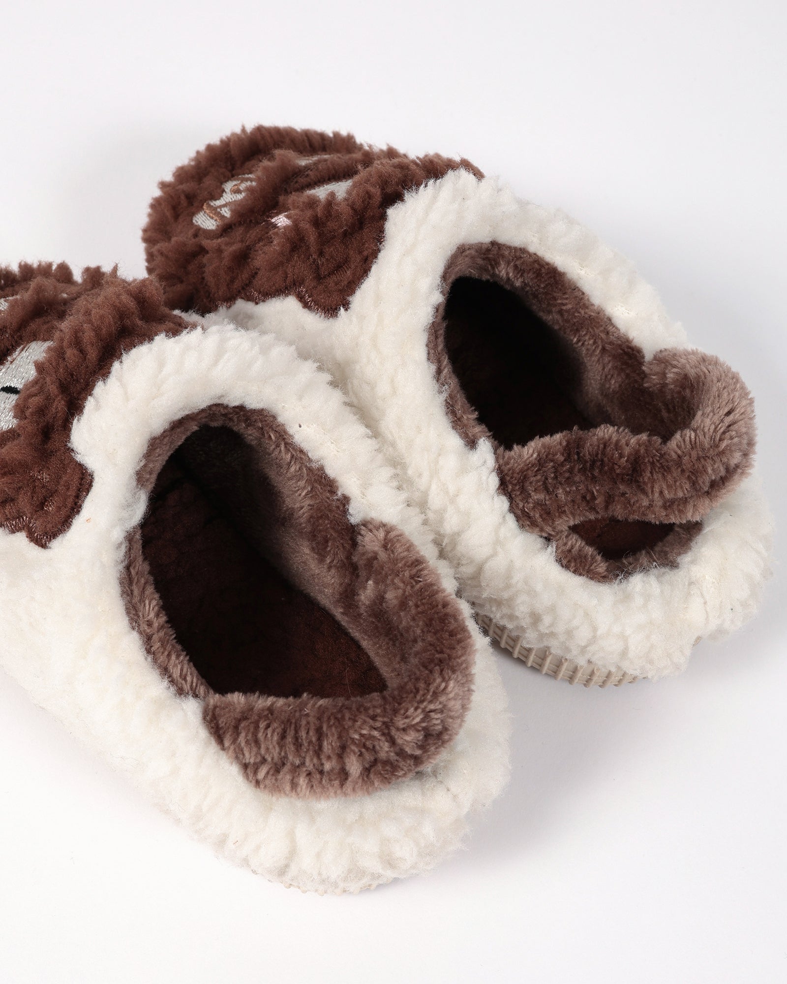 Bebek Ve Çocuk Kışlık Ayıcık Ve Happy Desen Detaylı Krem Peluş Ev İçi Ayakkabı