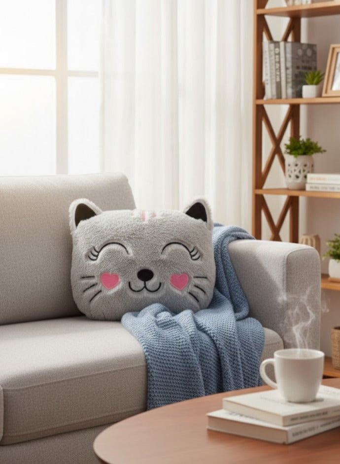 Gülen Kedi Figürlü Gri Peluş Kırlent